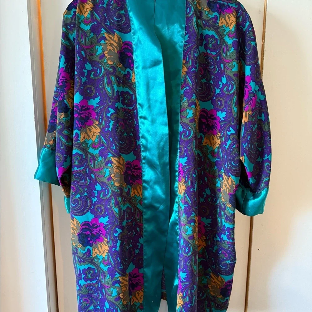 Vintage 80s Victorias Secret Gold Label Floral Kimono Satin Silk Robe - Picture 3 of 7